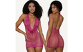 “Front and back views of a pink rhinestone mini dress with a draped cowl neckline.”
