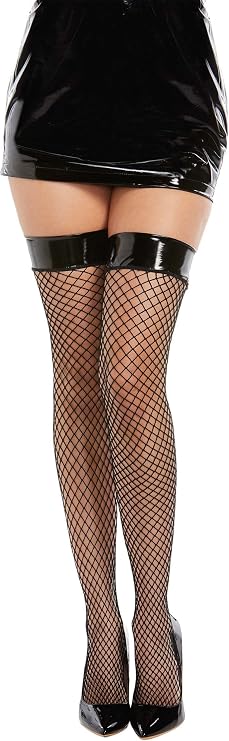 Dreamgirl Vinyl Top Fishnet Thigh High Stockings - Black Diamond Net Stay-Up