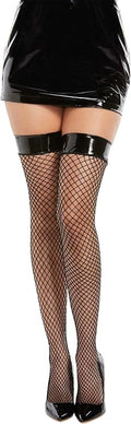 Dreamgirl Vinyl Top Fishnet Thigh High Stockings - Black Diamond Net Stay-Up