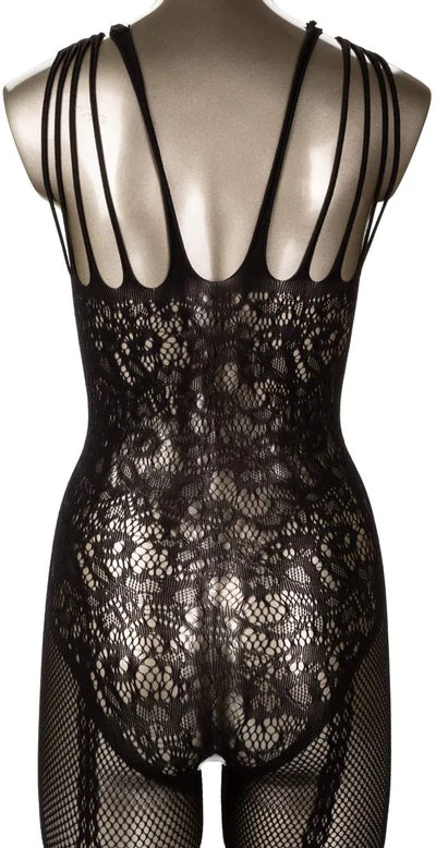 Calexotics Scandal Plus Size Strappy Lace Body Suit Bodystocking with Open Crotch Black Queen Size Fits up to 3X