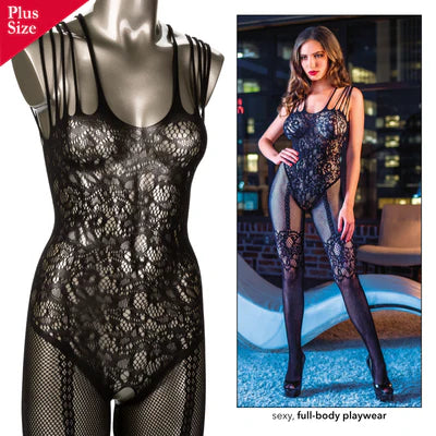 Calexotics Scandal Plus Size Strappy Lace Body Suit Bodystocking with Open Crotch Black Queen Size Fits up to 3X