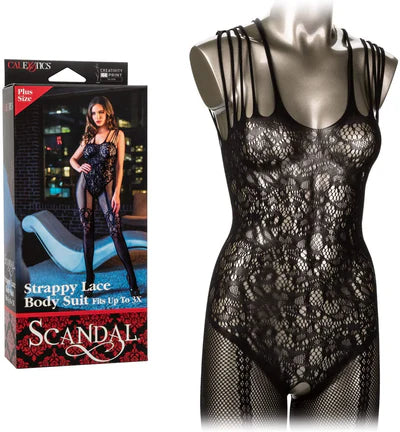 Calexotics Scandal Plus Size Strappy Lace Body Suit Bodystocking with Open Crotch Black Queen Size Fits up to 3X