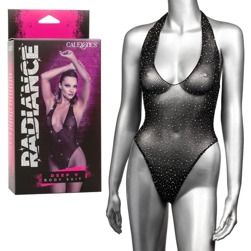 Radiance DEEP V BODYSUIT Black Teddy with Sparkling Rhinestones One Size