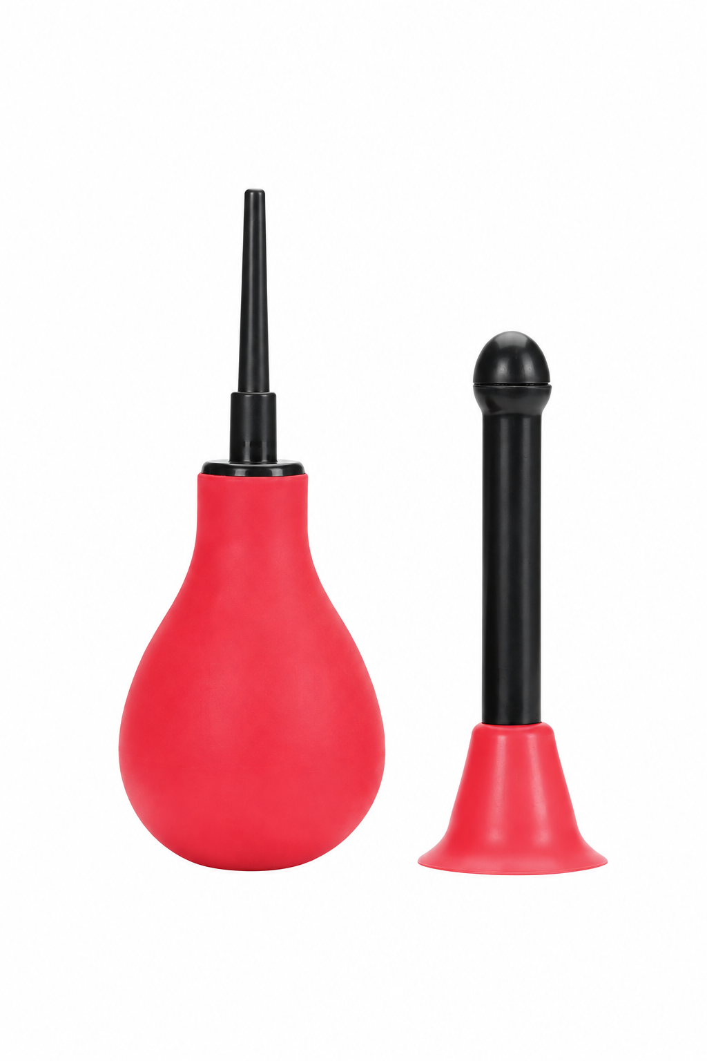 Red squeeze bulb and two black attachments on a white background