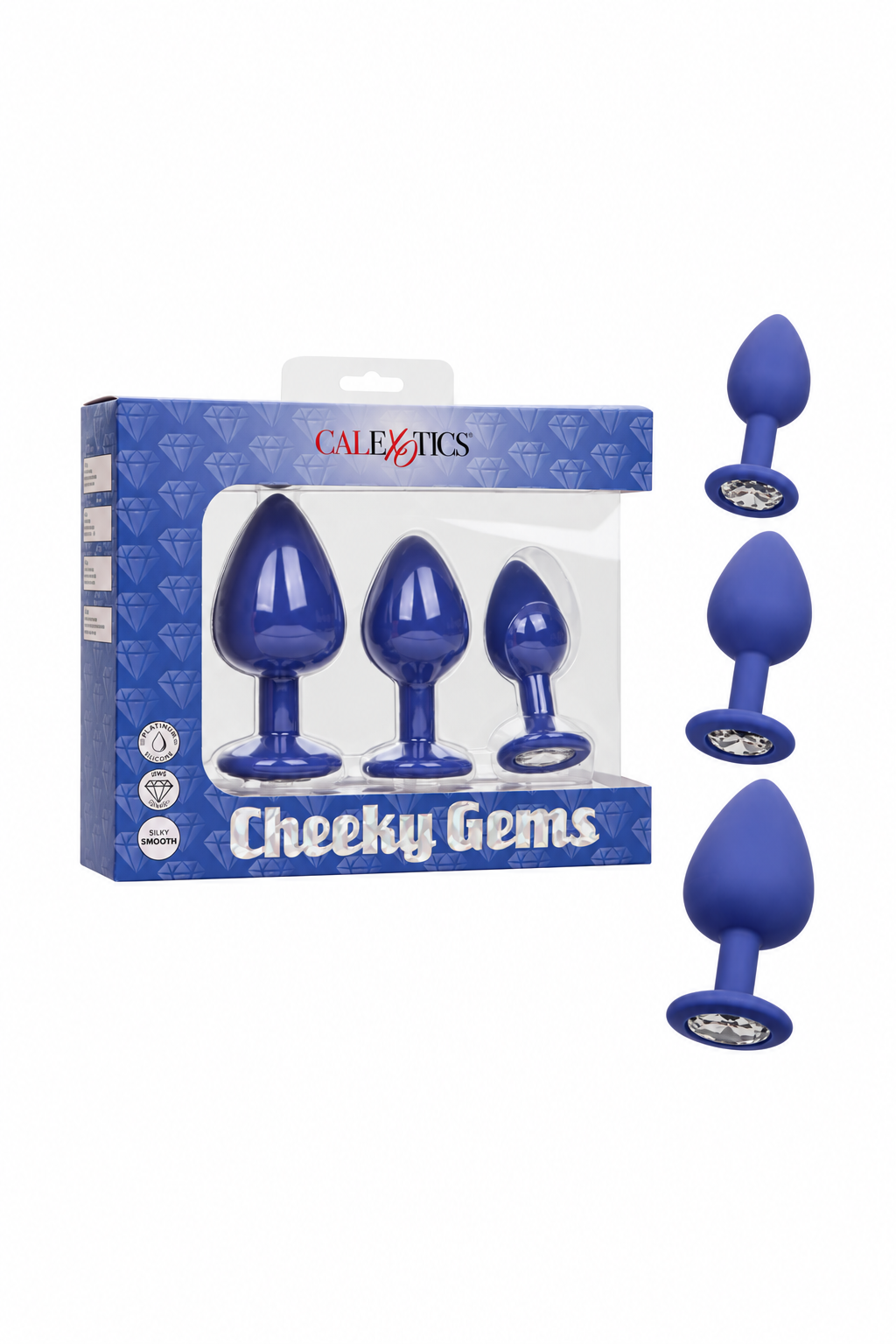Cheeky Gems three-piece blue plug set and packaging on a plain white background
