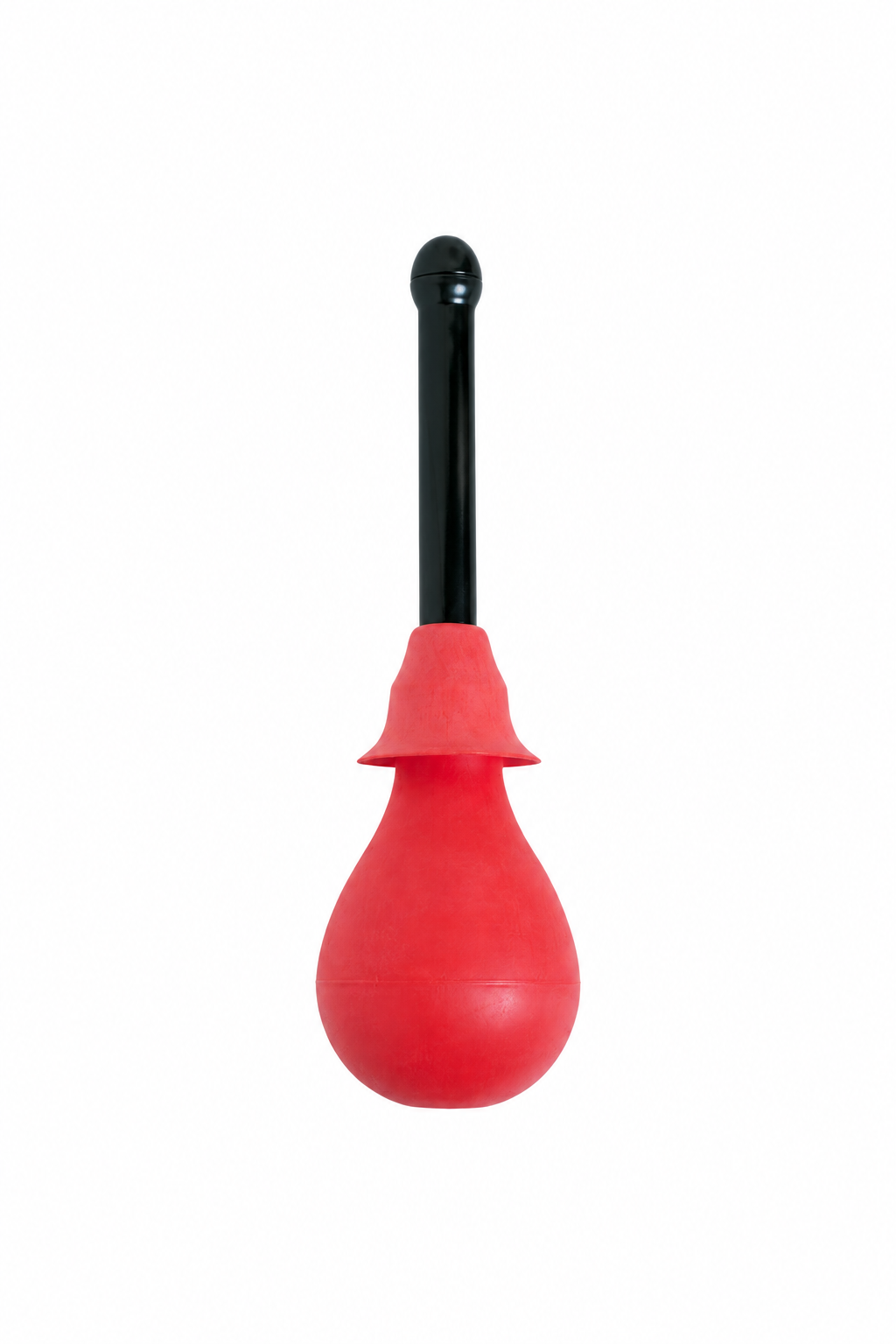 Assembled red squeeze bulb with black attachment on a white background