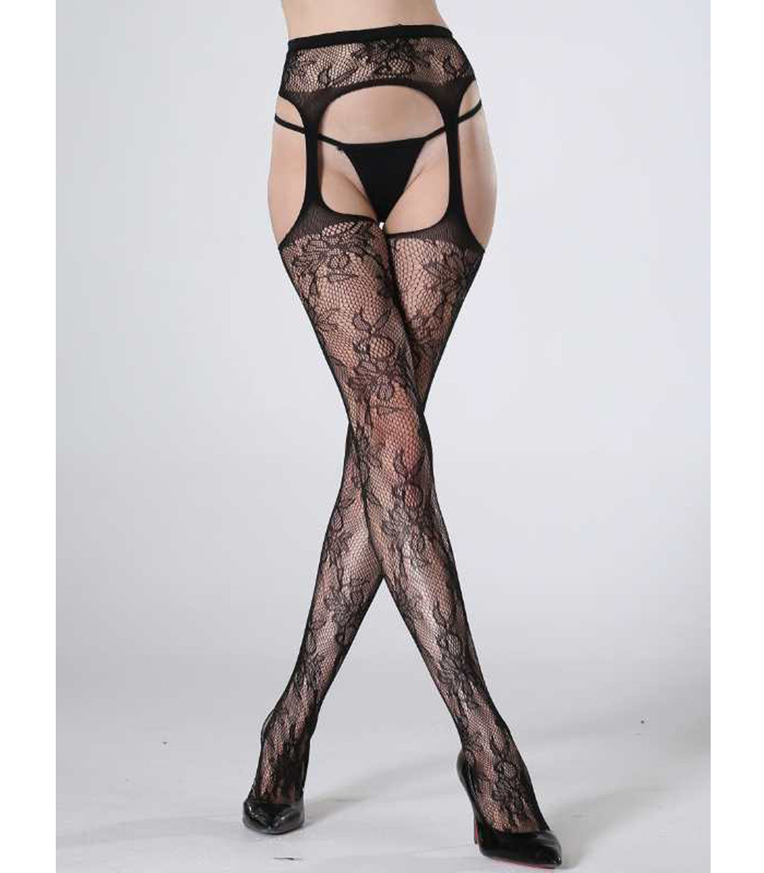 Cindy Love Lingerie 40123 Fishnet Thigh High Stockings with Attached Garter Black